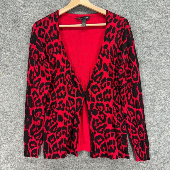 INC International Concepts Cardigan Women M Medium Red Animal Print V-Neck - Picture 1 of 6